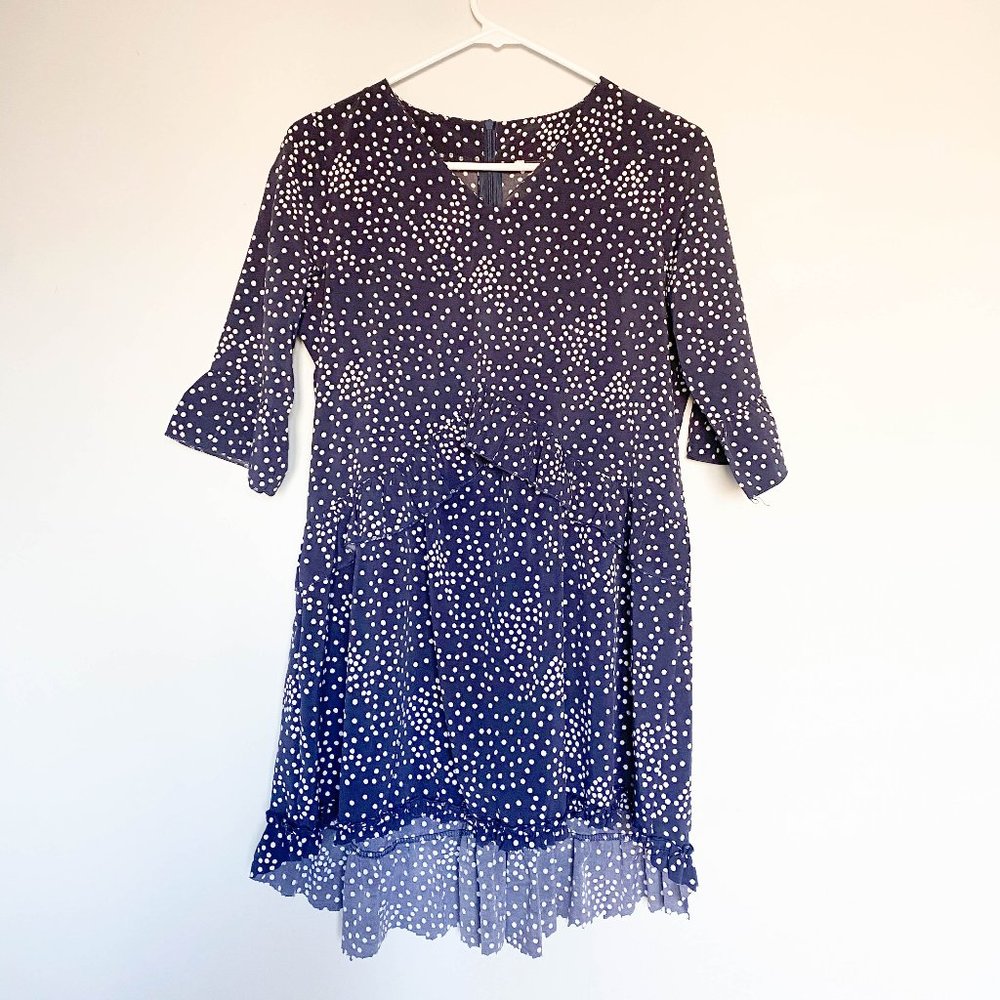 Dark Blue Polka Dot Dress Ruffle Sleeves Size S